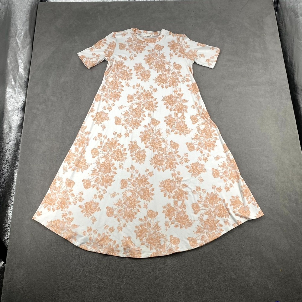Reb & J. 220 Midi Dress Womens S White Beige Floral Stretch Short Sleeve‎ Summer